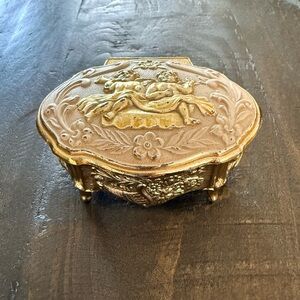 Vintage 60s Japan Ornate Gold and Pink Cherub Jewelry Trinket Box